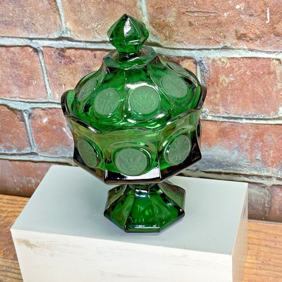Fostoria Glass Emerald Green Coin Dot 8 1/2" Wedding Bowl Covered Candy Jar Lid‎ - Picture 2 of 13
